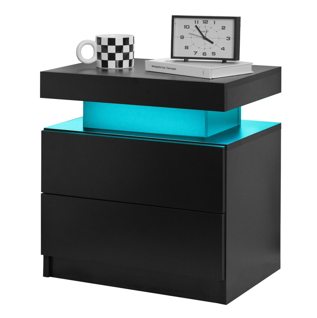 Comodino nero con luci LED regolabili e 2 cassetti