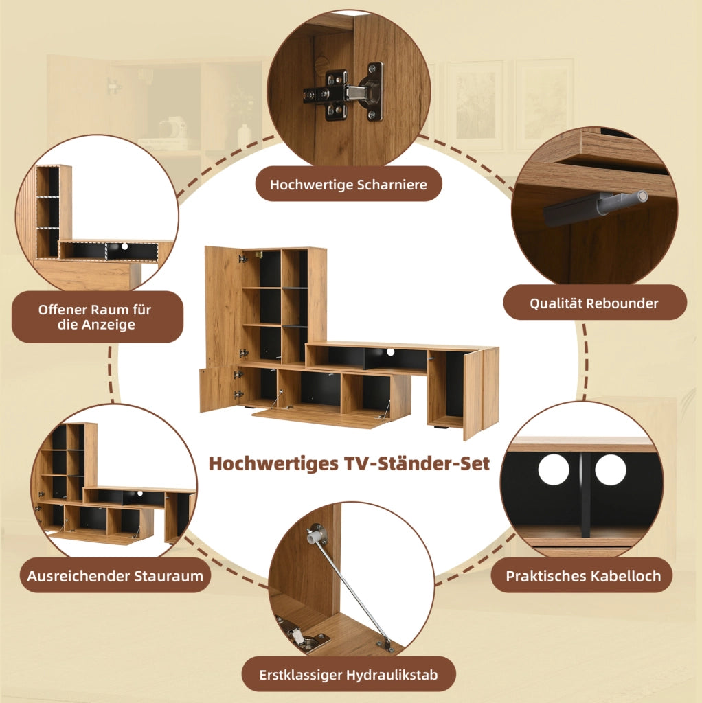 Parete TV in rovere e nero con mobile regolabile e pensile