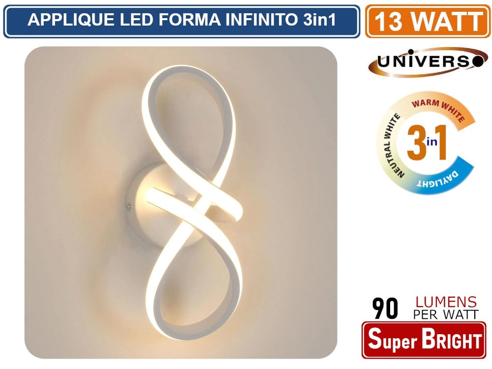 APPLIQUE LAMPADA LED FORMA AD INFINITO MOTAGGIO A PARETE 13W COLORAZIONE LUCE 3IN1 CCT 3000K - 4000K - 6500K
