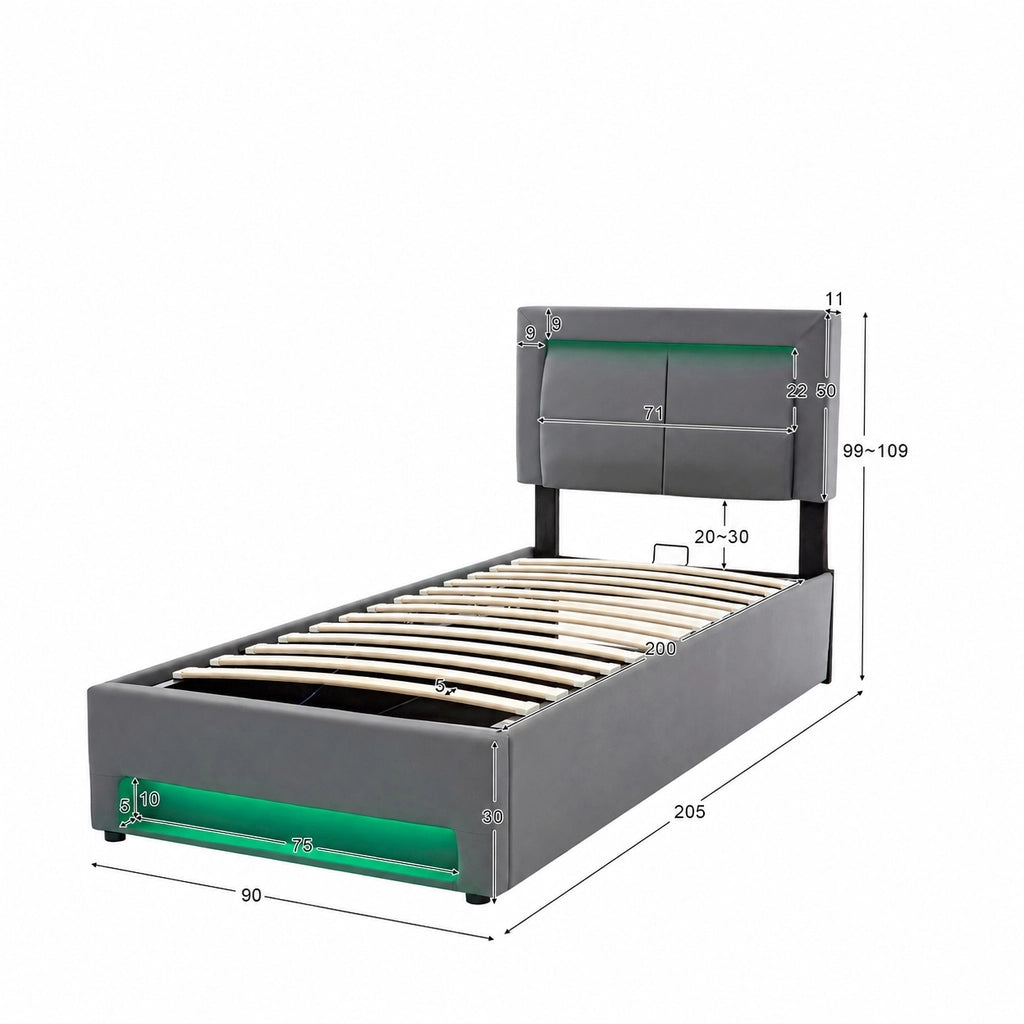 Letto imbottito 90x200 cm in PU grigio con LED; ricarica USB e contenitore