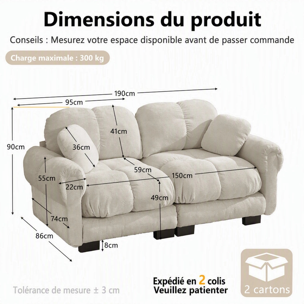 Divano modulare 2 posti in ciniglia, 190 cm, kaki chiaro