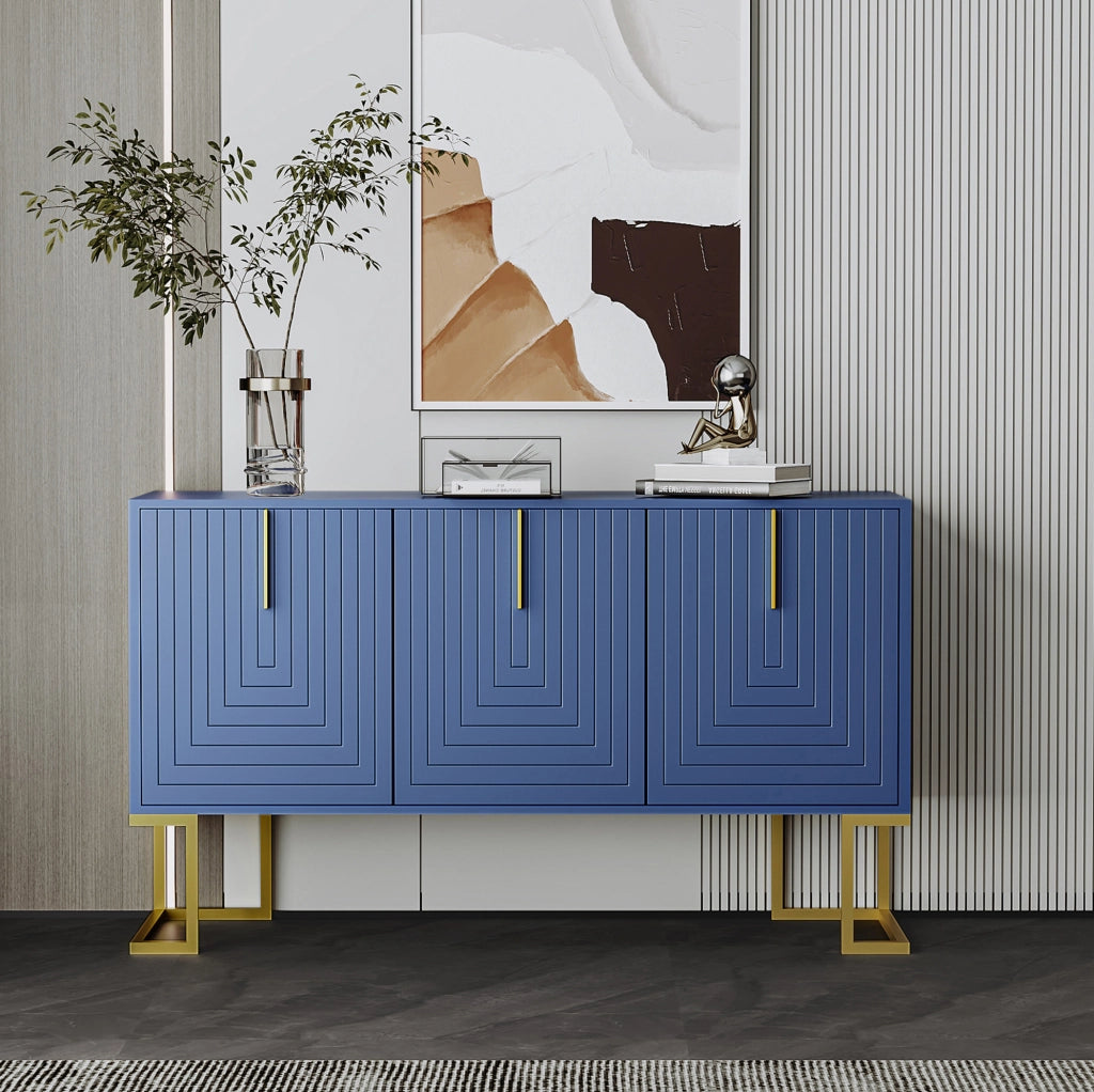 Credenza a 3 ante blu navy con ripiani regolabili e base in metallo