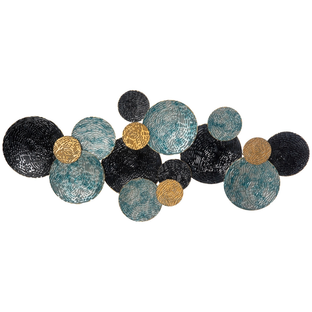 Decorazione da parete 3D in ferro con cerchi ondulati dorati blu e neri 121×53 cm