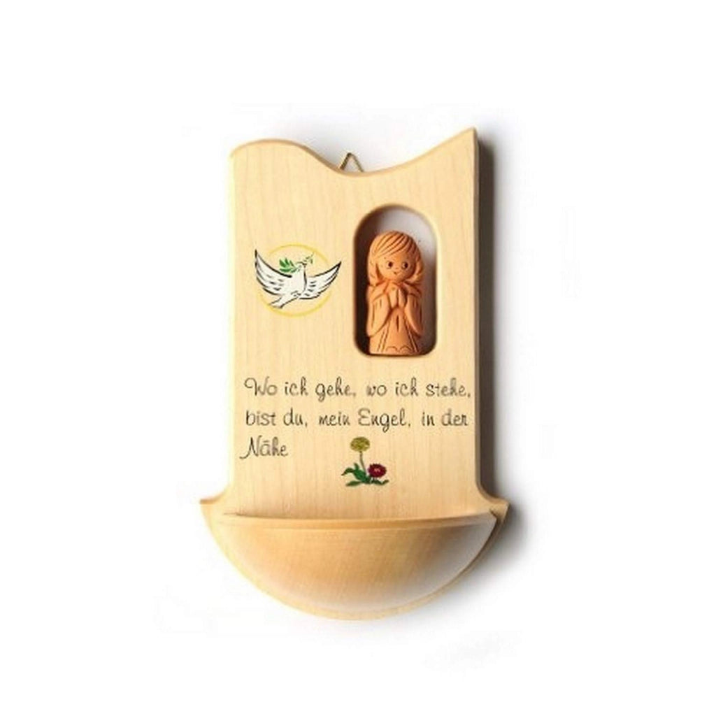 Bacino per l'acqua benedetta in legno, decorato con un angelo – regalo per il battesimo, comprensivo di libro di preghiere