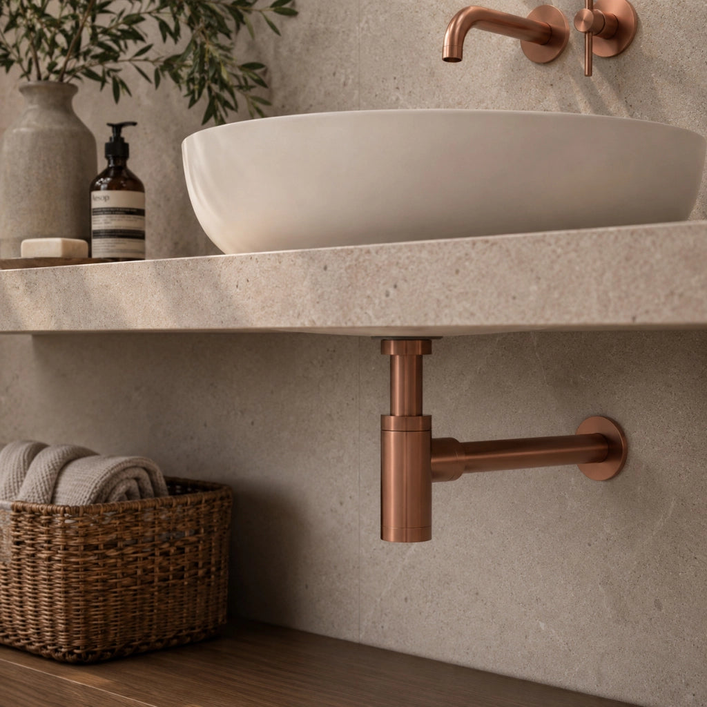 Sifone di scarico per lavandino in acciaio inox 316L PVD oro rosa resistente a corrosione e usura SIFONE-LEVANTE-ORO-ROSA