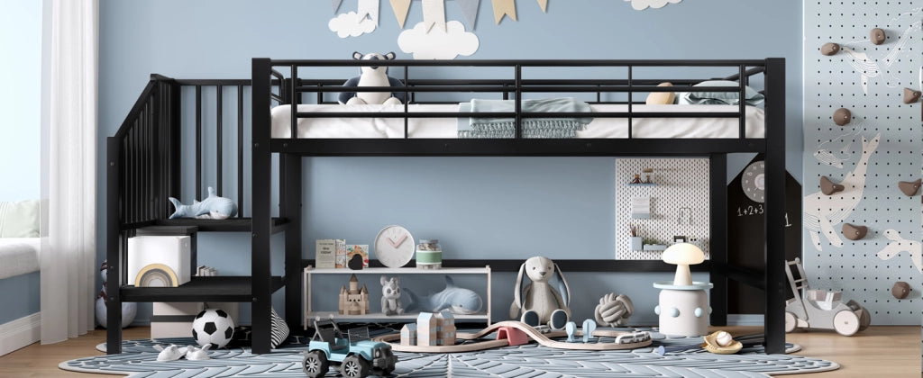 Letto a soppalco per bambini 90 × 200 cm con scala contenitore in MDF e metallo nero con rete a doghe