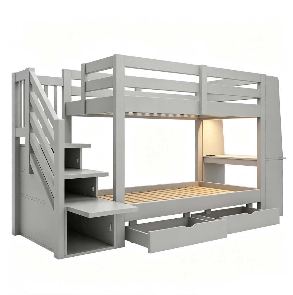 Letto a castello 90 x 200 cm grigio con scrivania, LED e cassetti
