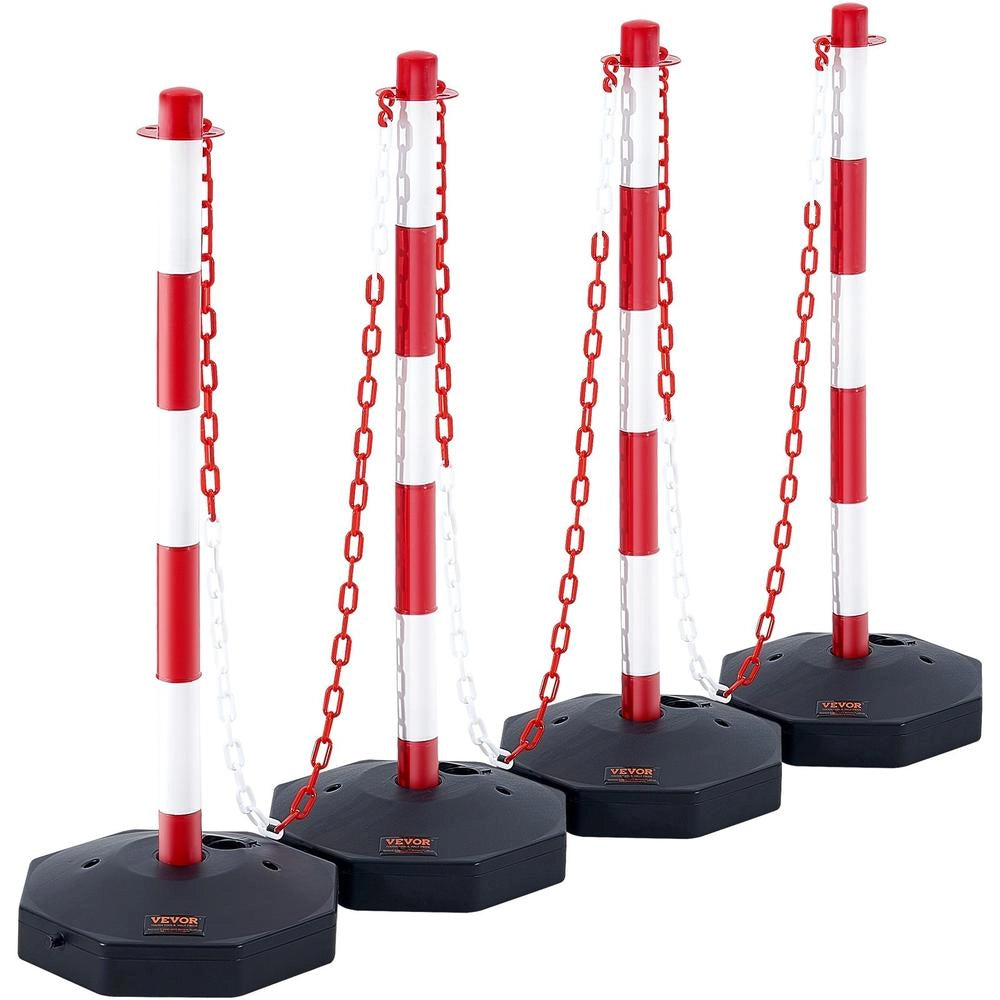 Set 4 Paletti Stradali di Segnalazione con Catena 860x285x285 mm Rossi Bianchi Base Riempibile Barriera Delimitazione Plastica