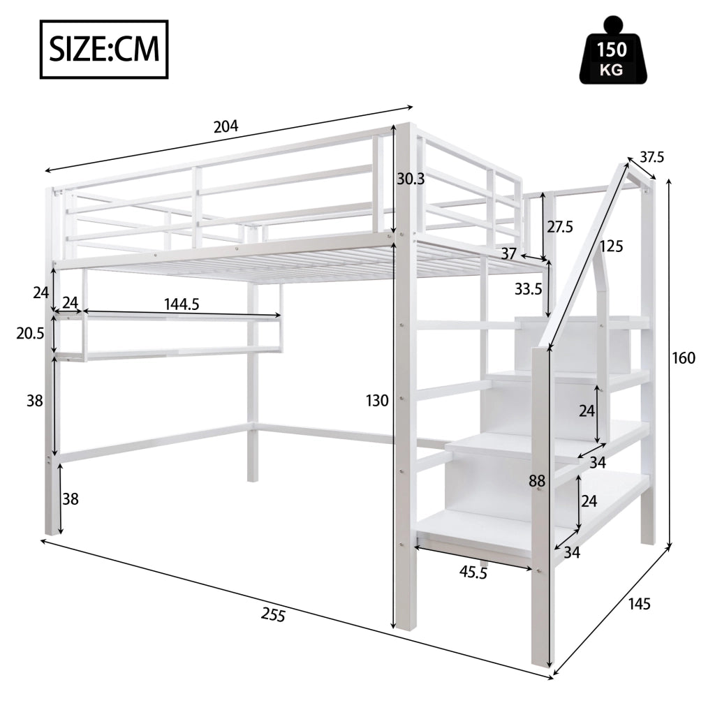 Letto a soppalco per bambini 140x200 cm; con scala contenitore e ripiani; in metallo e MDF bianco; senza materasso