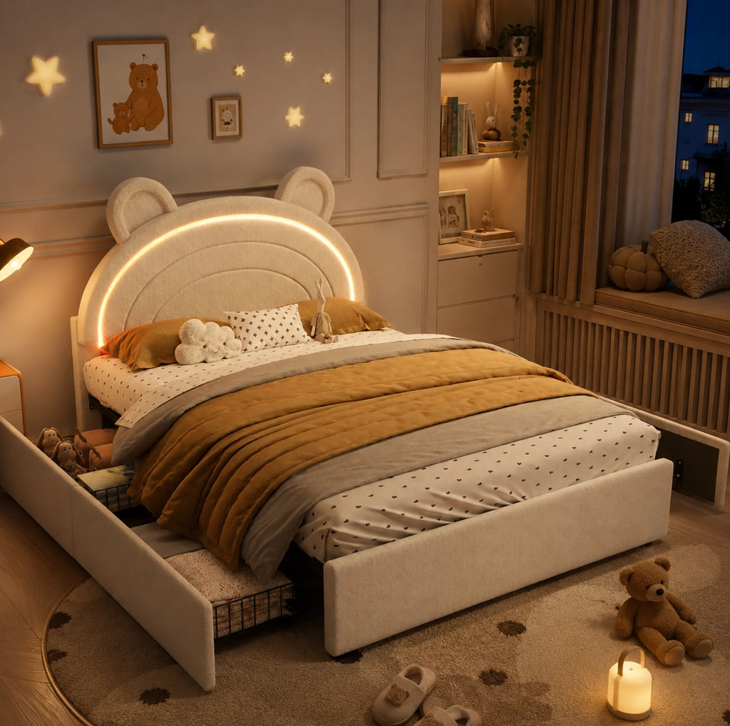 Letto imbottito per bambini 140 x 200 cm beige con 4 cassetti e LED