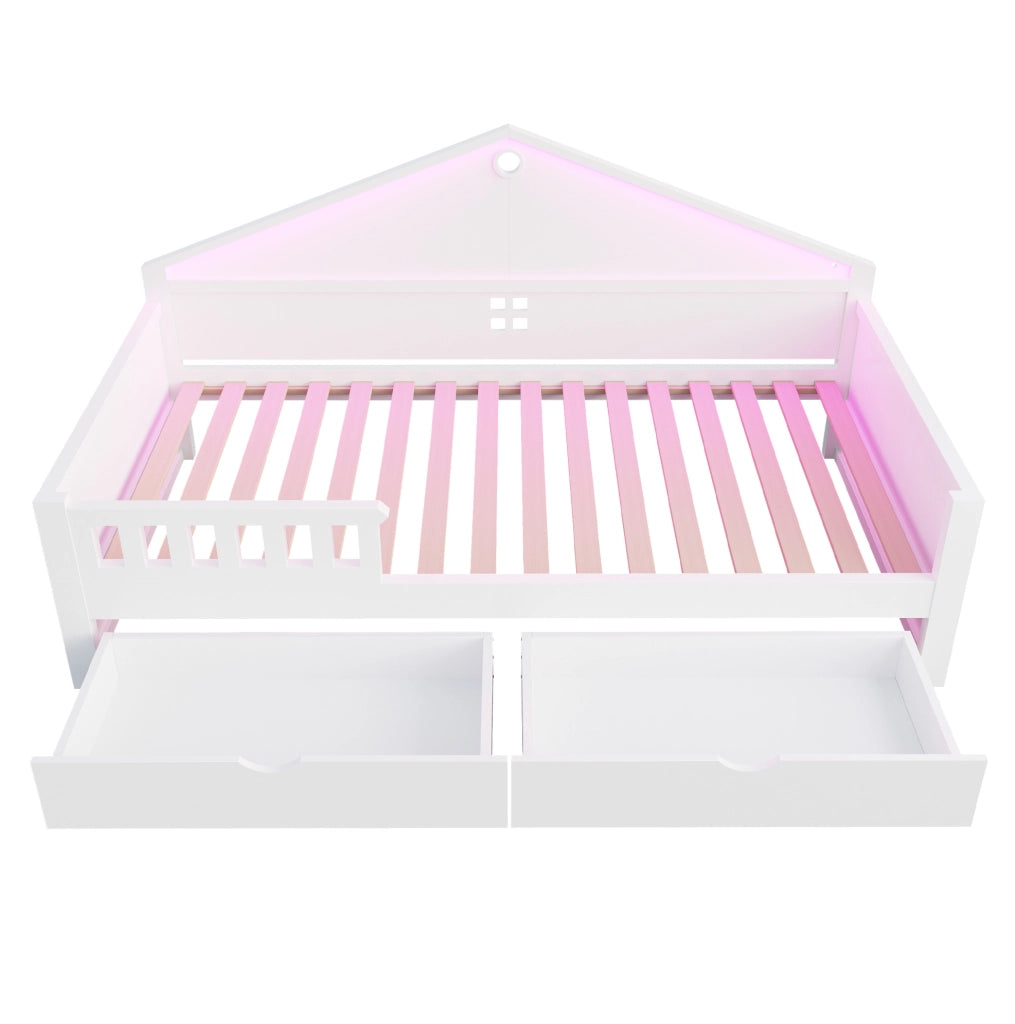 Letto singolo per bambini 90x200 cm bianco in legno con 2 cassetti, LED e rete a doghe, per cameretta, senza materasso