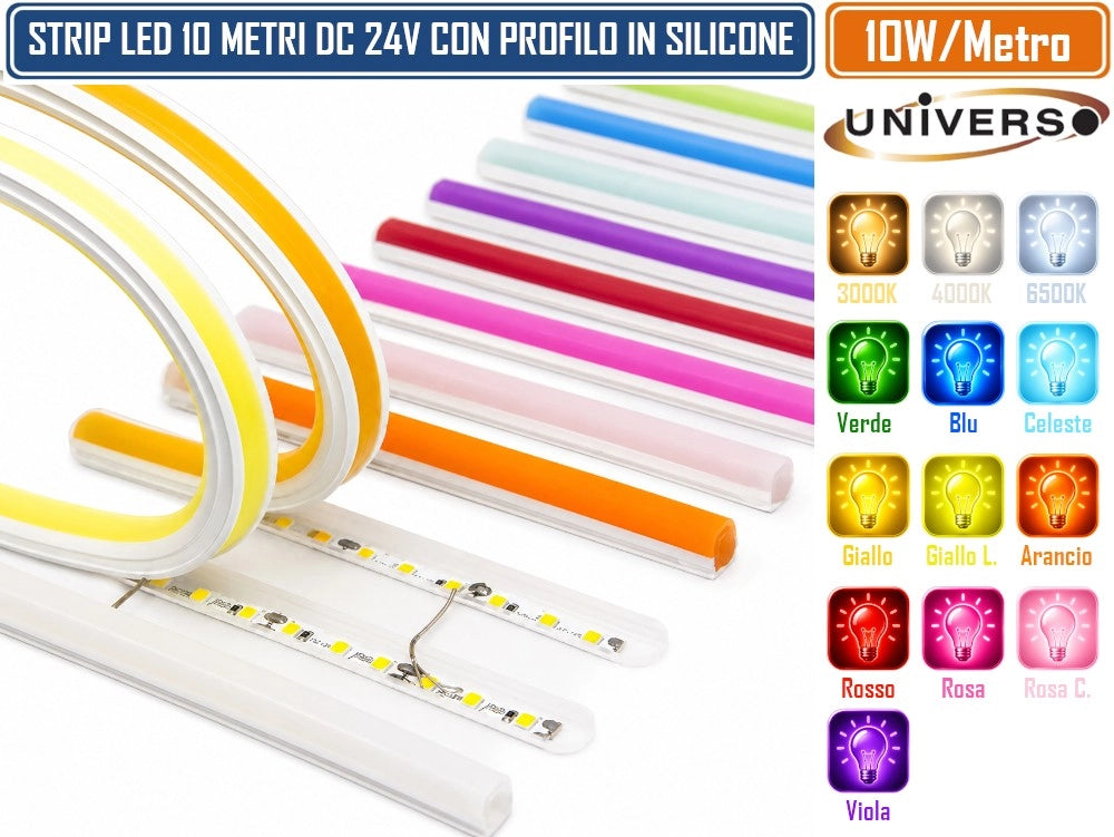 UNIVERSO STRIP LED 10 METRI CON PROFILO IN SILICONE COLORATO 24V DC 10W/M 120 LED/M SMD IP20 TAGLIABILE - Colore Luce:Arancio