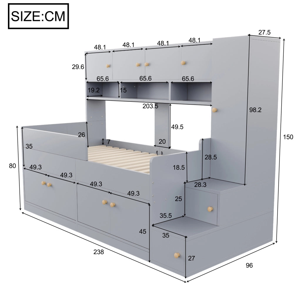 Letto per bambini 90 x 200 cm grigio con contenitori, armadio, scala e luci LED