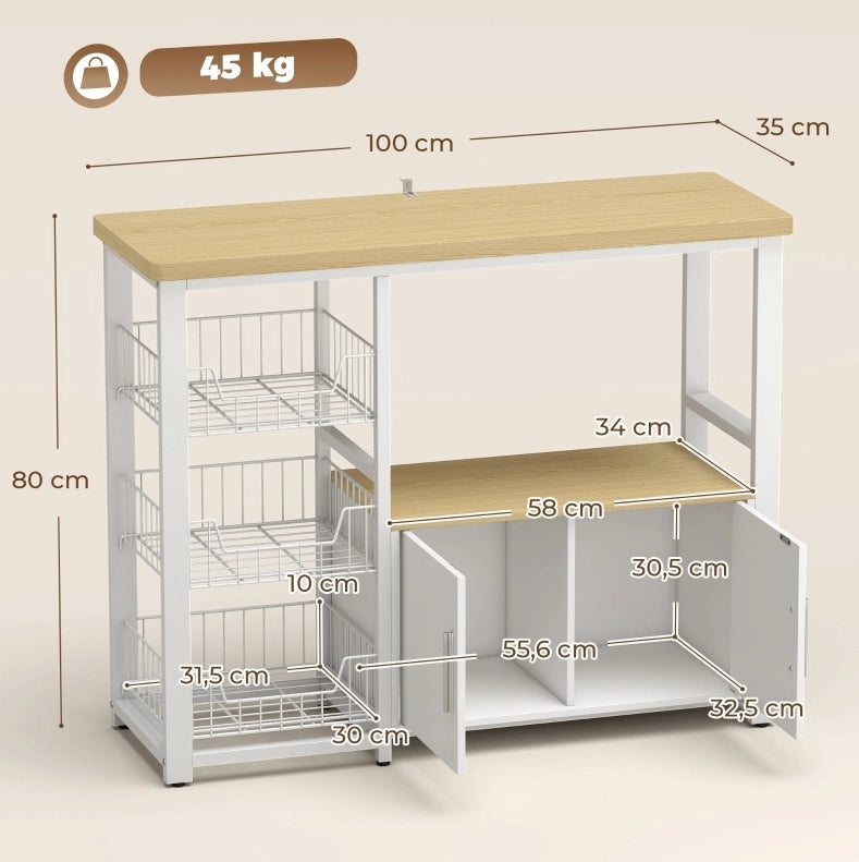 Scaffale da cucina in MDF effetto rovere con 3 cestelli e mobiletto, 100 x 35 x 80 cm