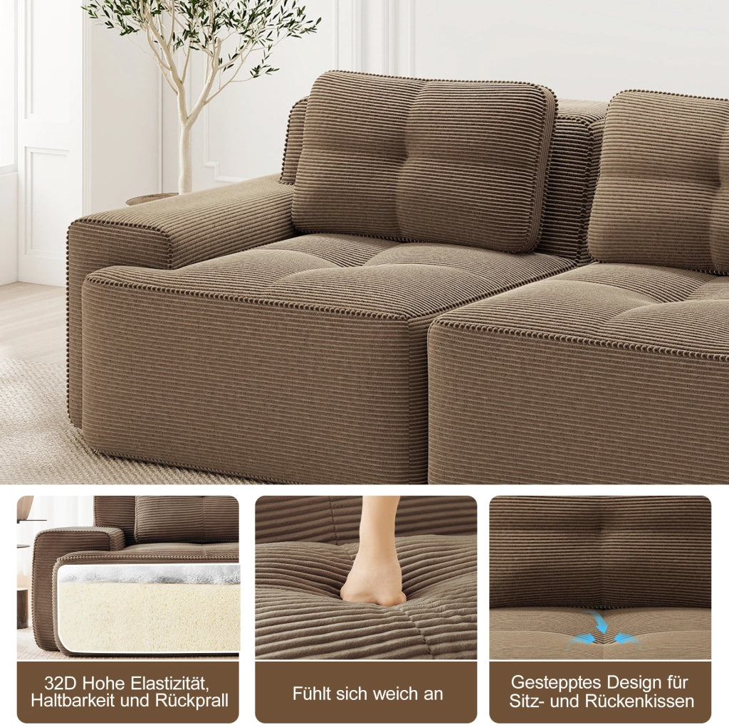 DIVANO Modulare 204x104x69 cm in Velluto a Coste Marrone