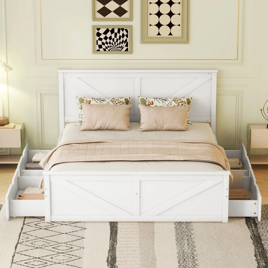 Letto matrimoniale 160x200 cm con 4 cassetti e testiera in pino e MDF bianco