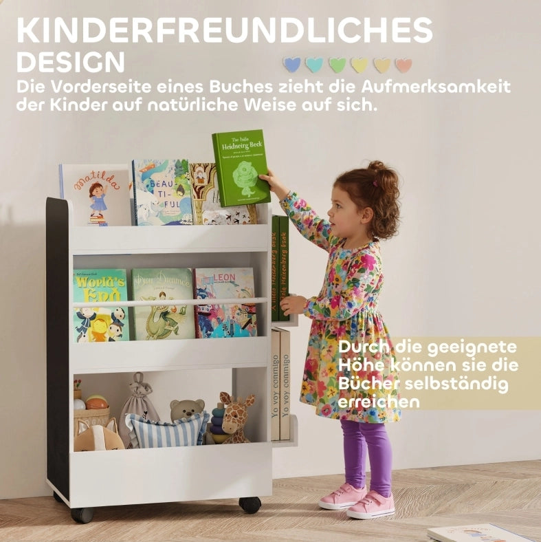 Libreria per bambini 66,5x32,5x86,5 cm in MDF bianco con lavagna e ruote