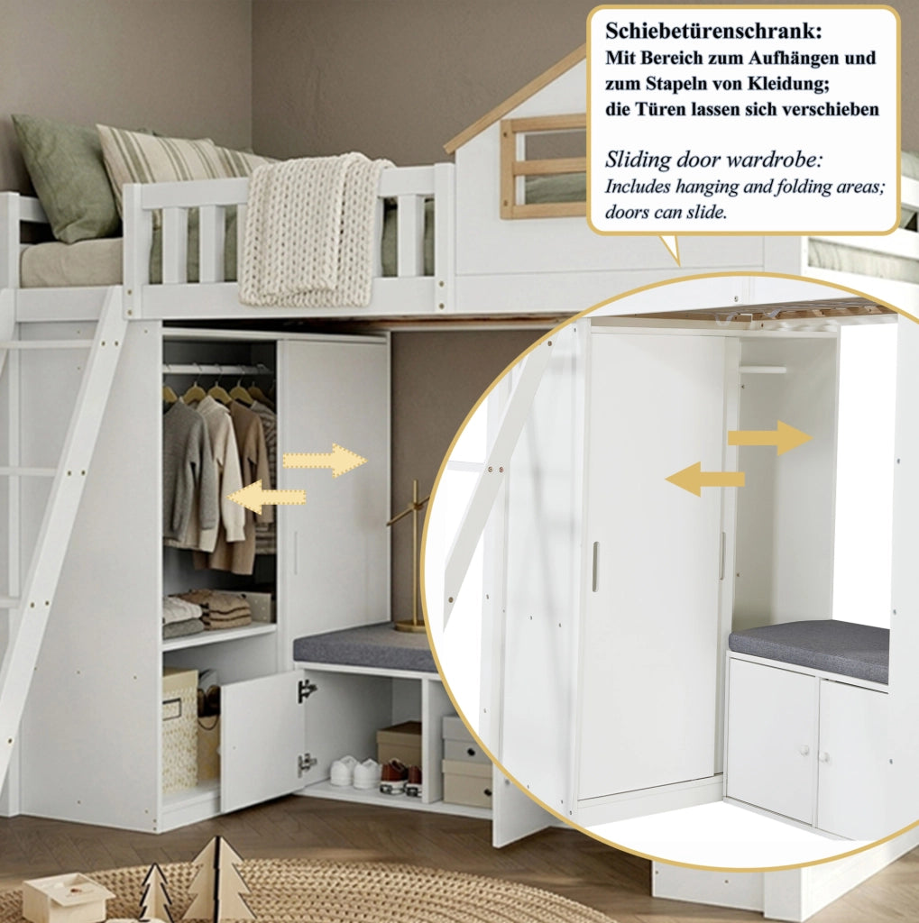 Letto a soppalco 90x200 con armadio e panca bianco/naturale