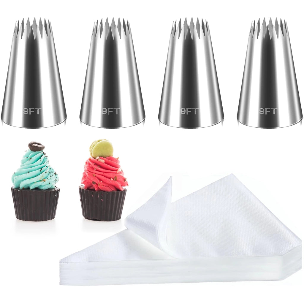 Set per decorazioni di torte: 4 beccucci in acciaio inossidabile + 10 sac à poche