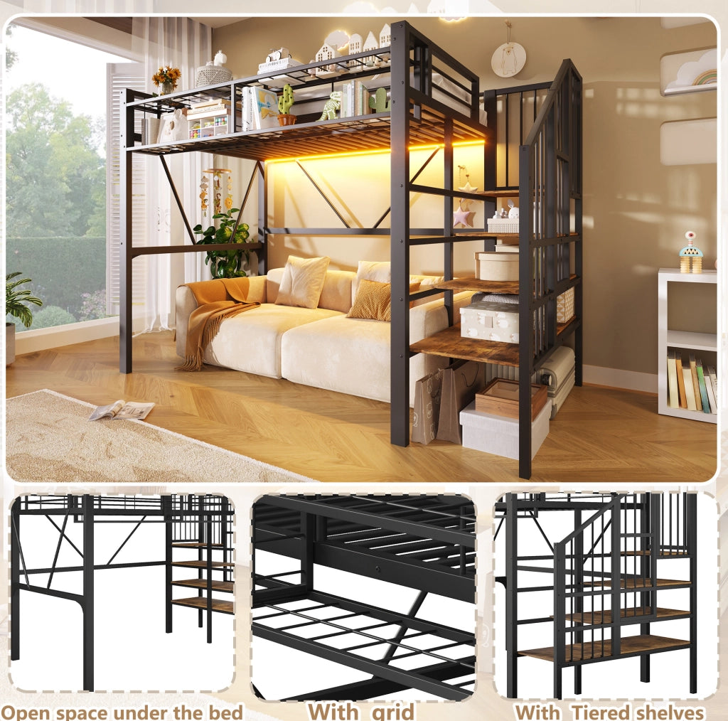 Letto a soppalco 90 × 200 cm con scala a ripiani; LED regolabile; metallo e MDF; nero