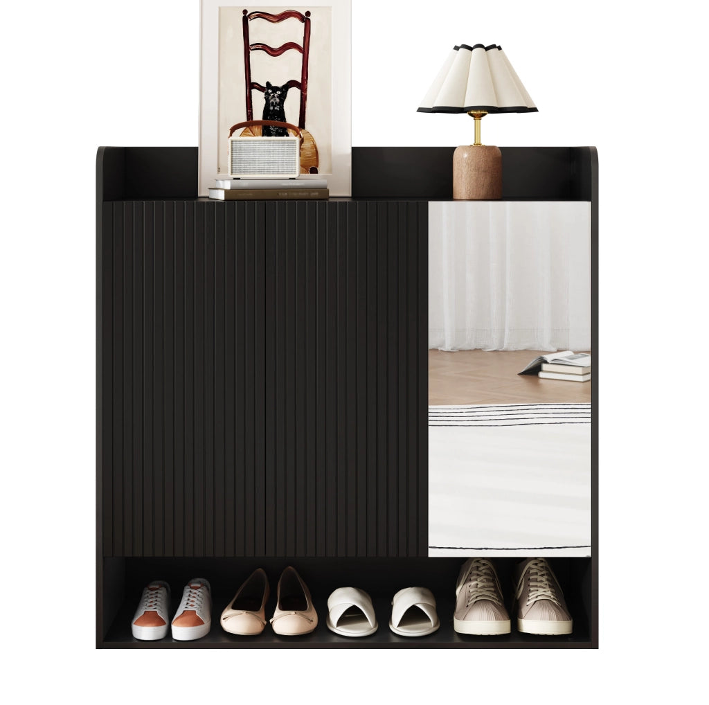 Scarpiera 110x35;5x110 cm con specchio a figura intera e ripiani regolabili; nera