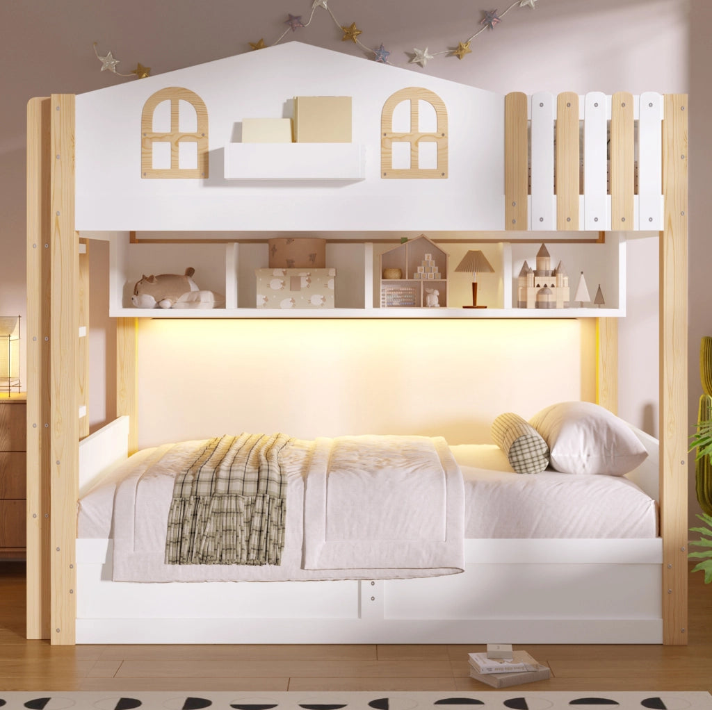Letto a castello 90x200 cm stile casetta con contenitore idraulico; LED e scala reversibile