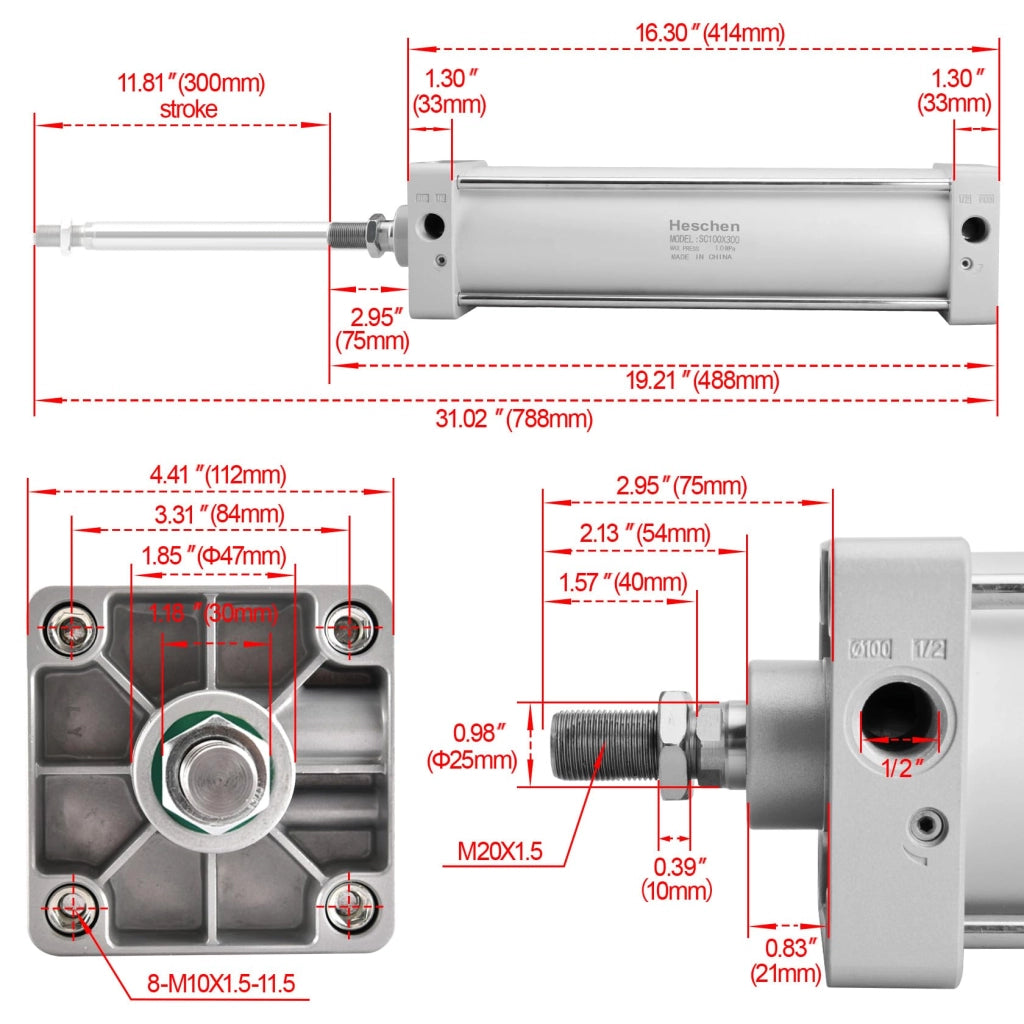 Cilindro pneumatico SC 100-300, diametro del pistone 100 mm, corsa 300 mm, a doppio effetto