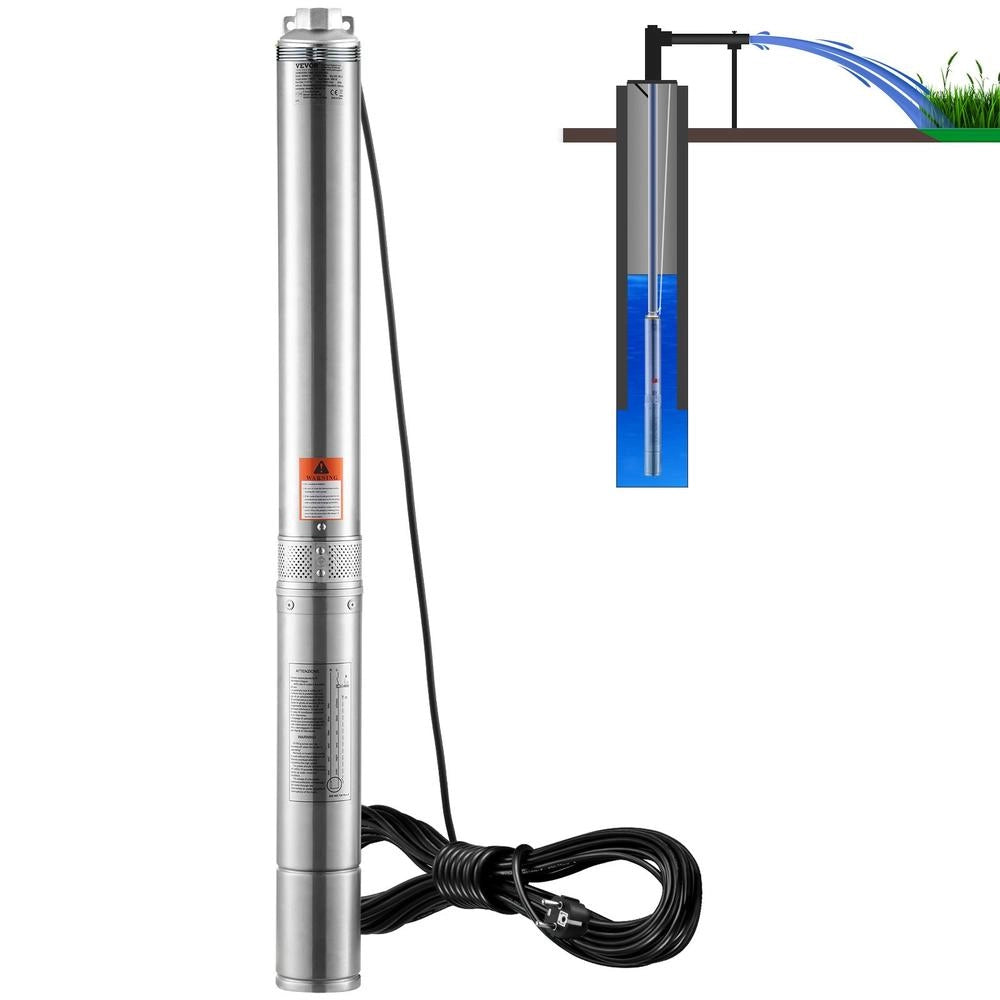 Pompa Sommergibile per Pozzi Profondi 1100W 1,5HP Acciaio Inox IP68 Prevalenza 105m Portata 7,1 m³/h Cavo 19,4m per Irrigazione e Uso Domestico