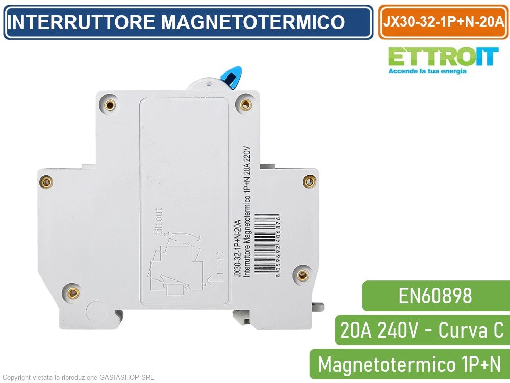 ETTROIT INTERRUTTORE MEGNETOTERMICO PER BARRA DIN 1 MODULO 1P+N 240V CURVA C 4.5KA 20A