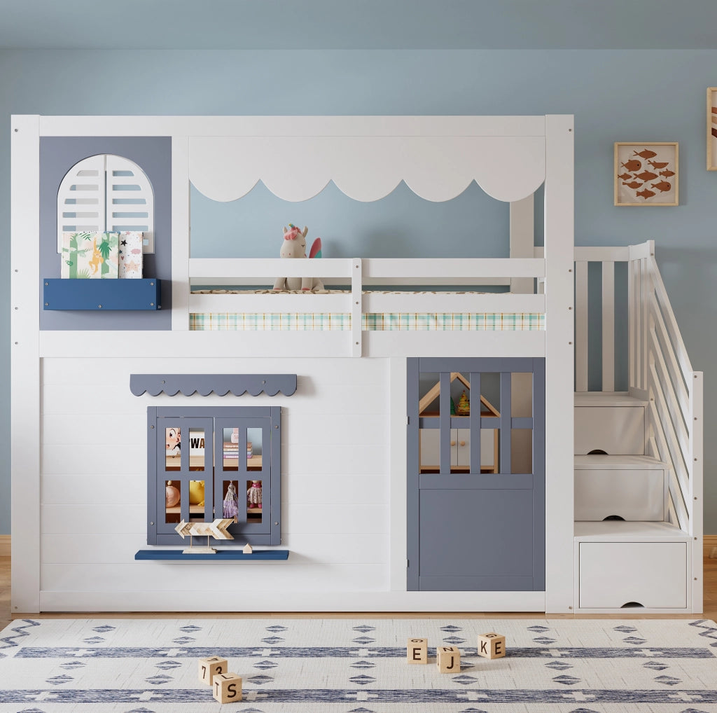 Letto a soppalco per bambini 90x200 cm a casetta bianco e blu