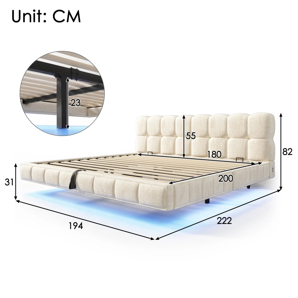 Letto Contenitore 180 x 200 cm, Letto Matrimoniale - LED, USB e Type-C - Chenille Beige