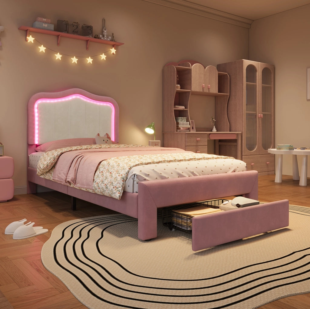 Letto singolo imbottito rosa 90 x 200 cm con cassetto e LED