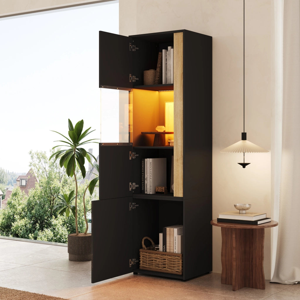 Mobile alto con illuminazione LED e 2 ante, nero e naturale