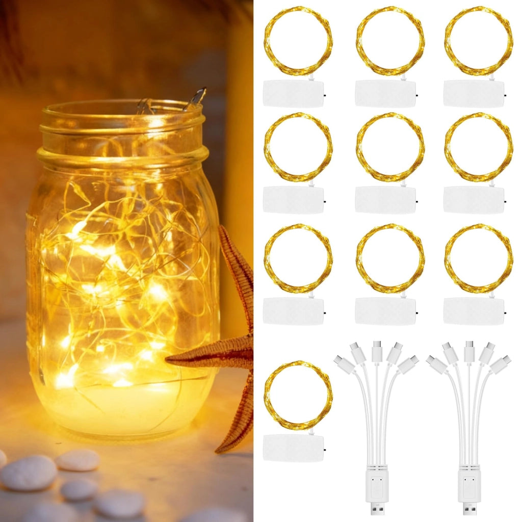 Catena luminosa a LED, 10 pezzi, luce bianco caldo, 2 metri, 20 LED, ricaricabile