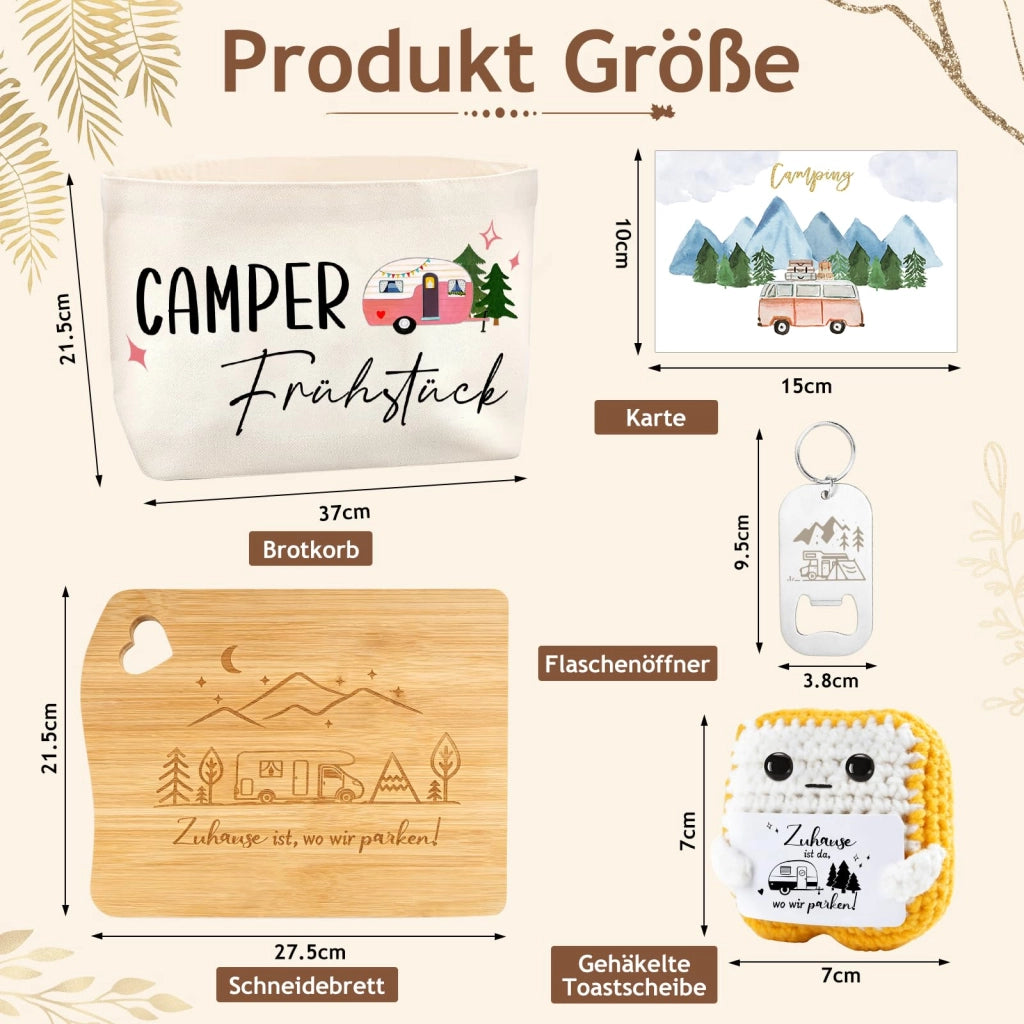 Set regalo per campeggio: tagliere per snack, borsa, tovagliolo, portachiavi