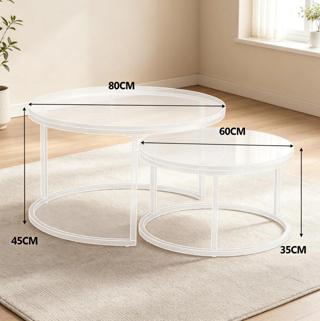 Set di 2 tavolini da caffè rotondi effetto marmo bianco