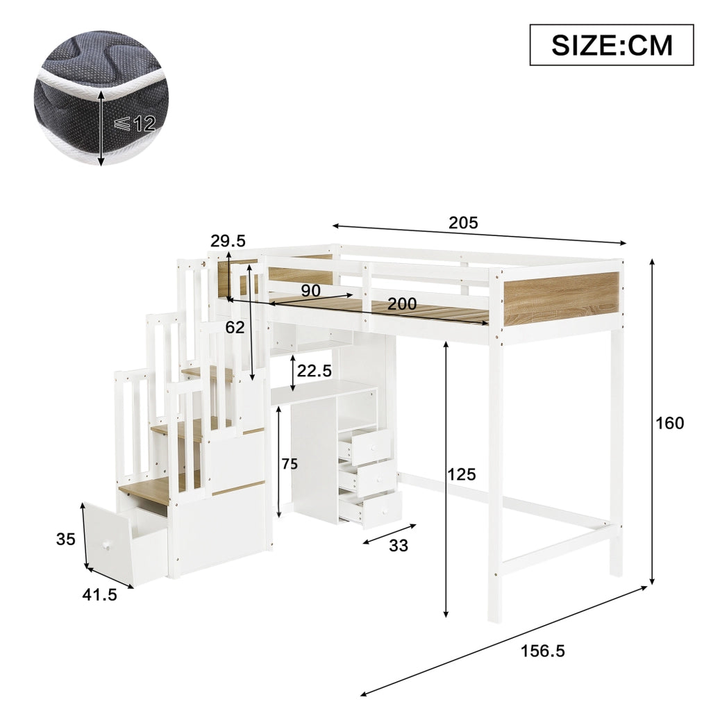 Letto a soppalco per bambini 90x200 cm con scrivania e contenitori