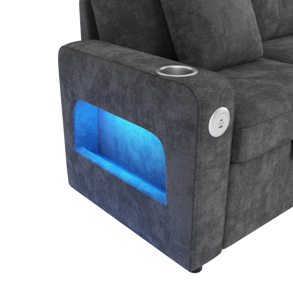 Divano letto 2 posti grigio in ciniglia con LED, USB e vano portaoggetti