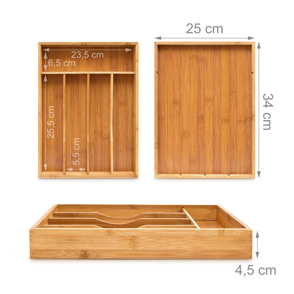 Contenitore per posate con 5 scomparti, in bambù, dimensioni 4,5 x 25,5 x 34 cm, adatto per cassetti