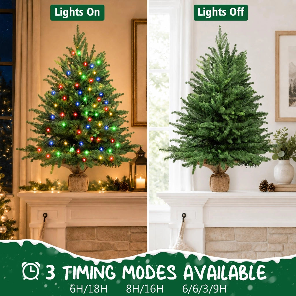 Albero di Natale artificiale mini, 60 cm, con timer, base in iuta e 40 luci a LED