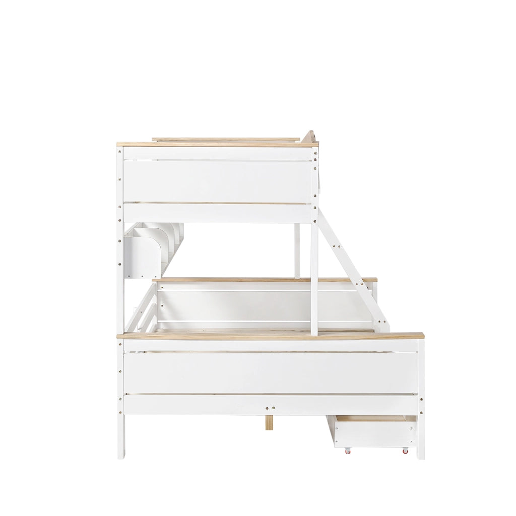Letto a castello per bambini con letto matrimoniale in legno bianco e naturale con scale e cassetti