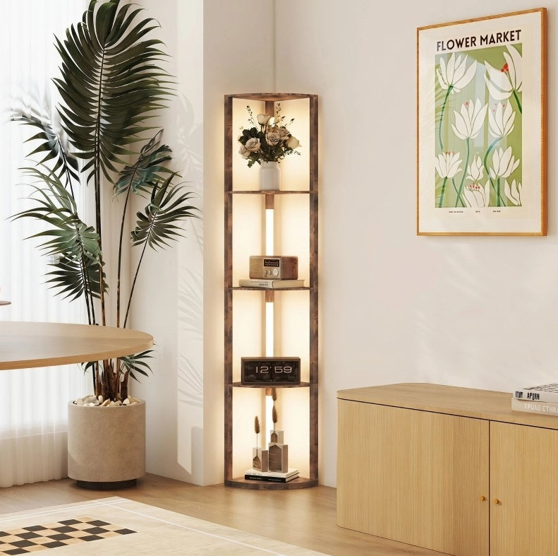 Lampada da terra LED dimmerabile con scaffale a 5 ripiani, marrone rustico