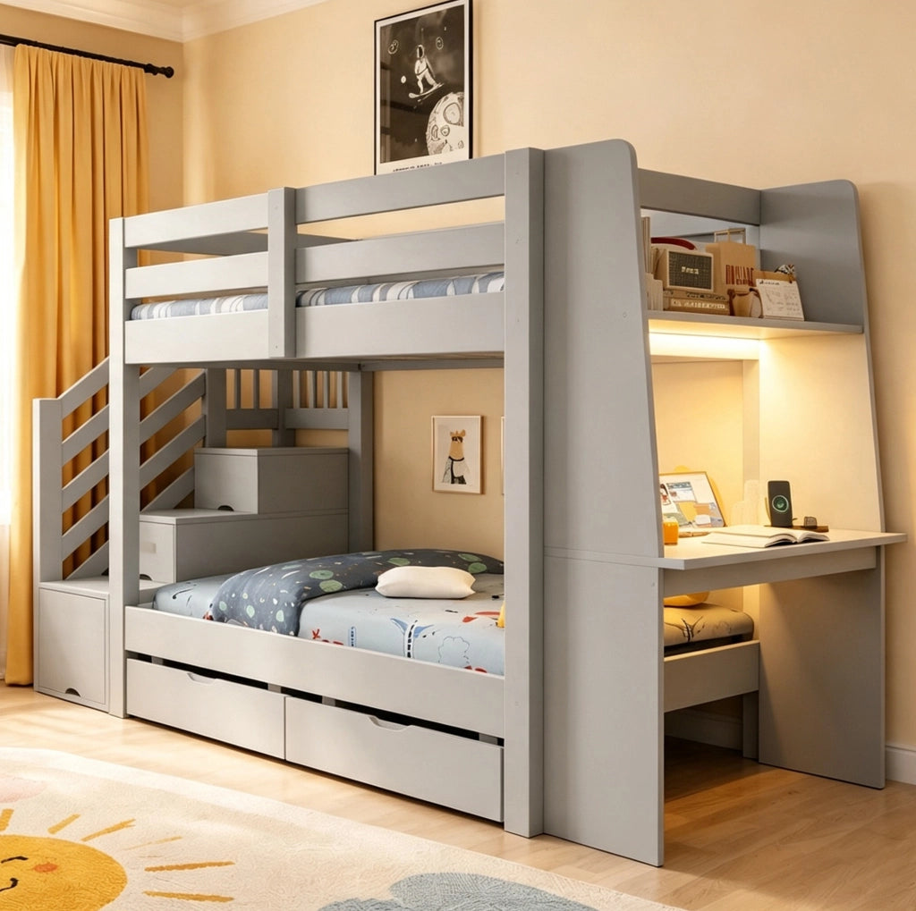 Letto a castello 90 x 200 cm grigio con scrivania, scala contenitore e luci LED