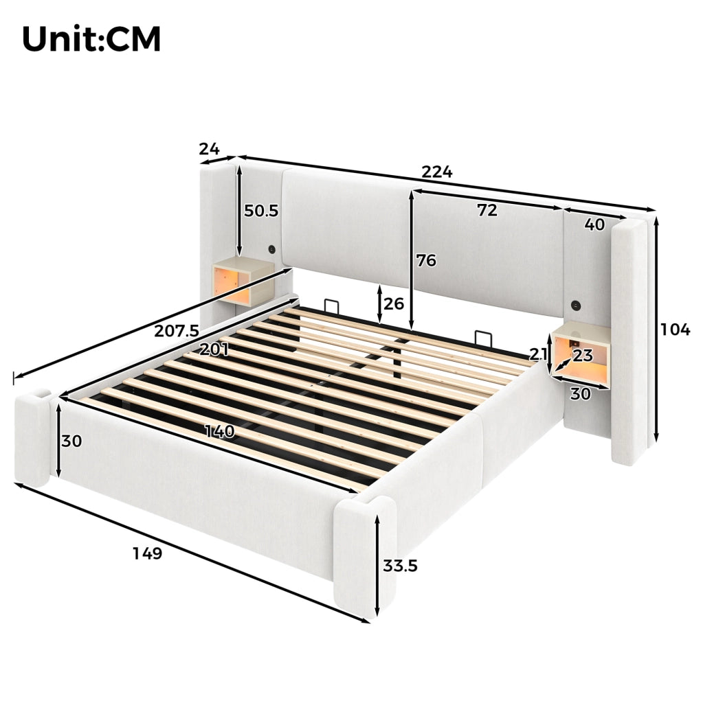 Letto imbottito 140x200 cm beige con contenitore e LED