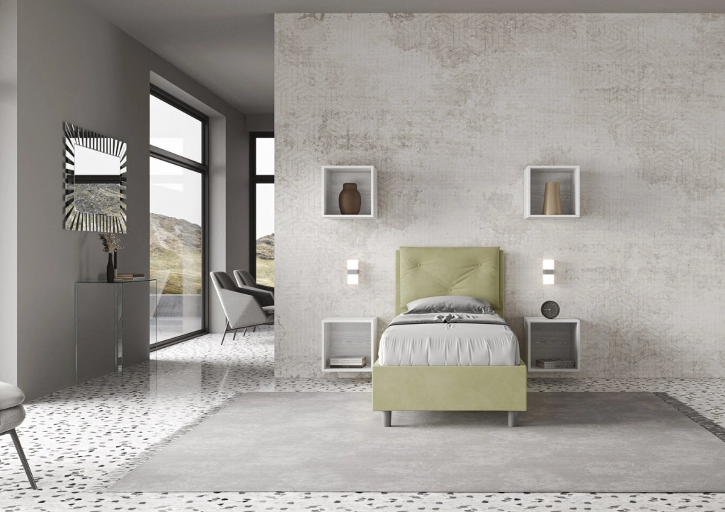 Letto Singolo Imbottito in Microfibra 90x210 Con Rete e Contenitore Appia Tè verde