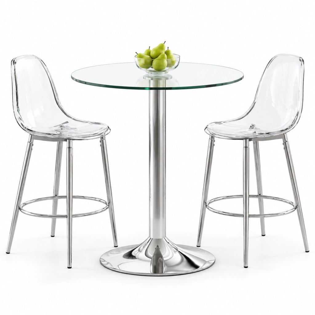 TAVOLO bar con sgabelli, piano in vetro Ø 89 cm, argento e trasparente