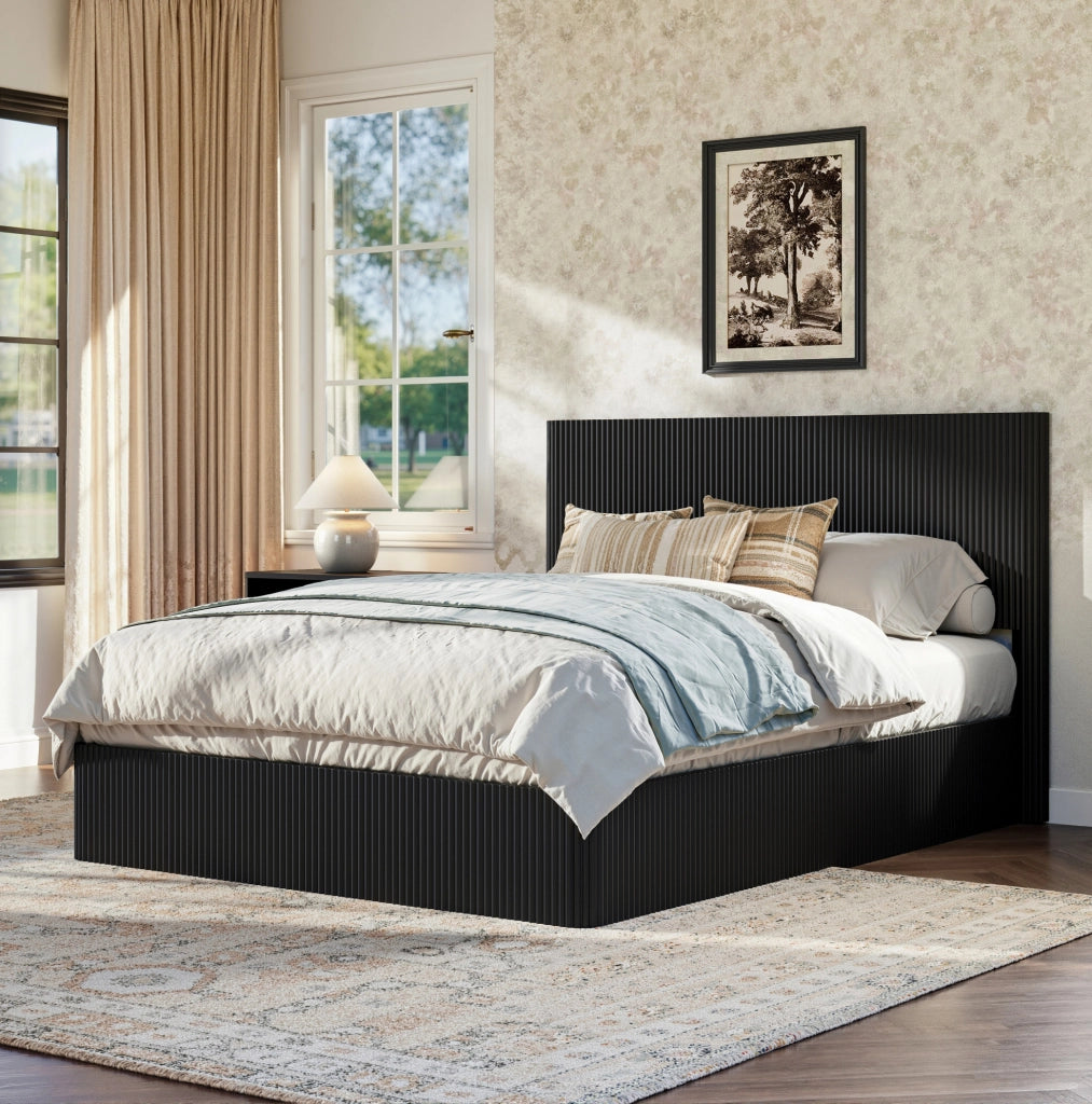 Letto contenitore matrimoniale 160x200 cm; con sollevamento idraulico e rete a doghe; in MDF e metallo; nero; senza materasso