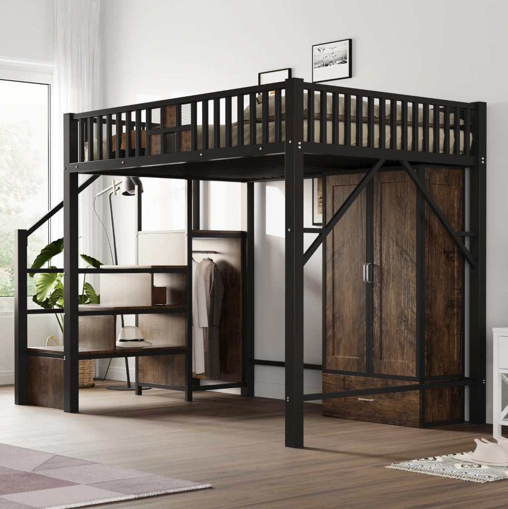 Letto contenitore adulti 140x200 cm con scala, armadio e rete a doghe in metallo nero, per camera da letto, senza materasso
