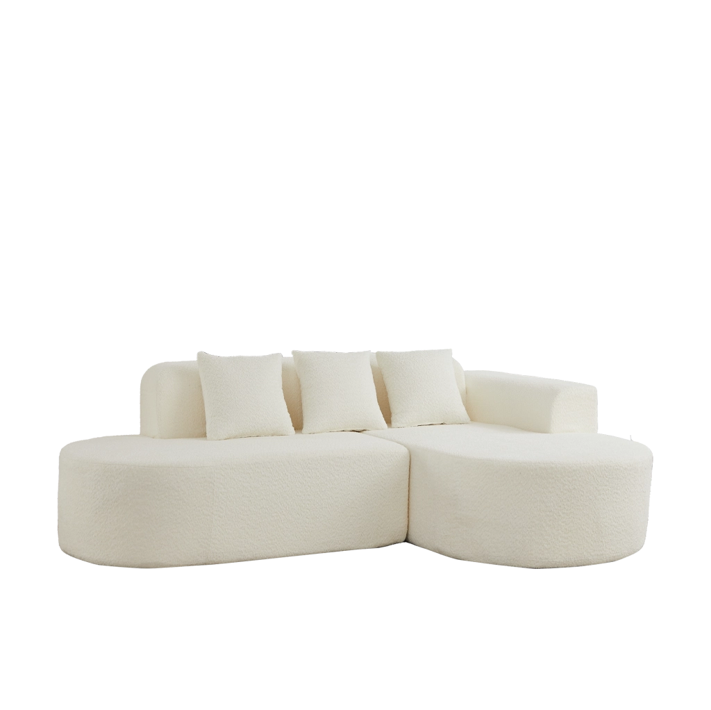 Divano angolare destro in chenille beige con 3 cuscini