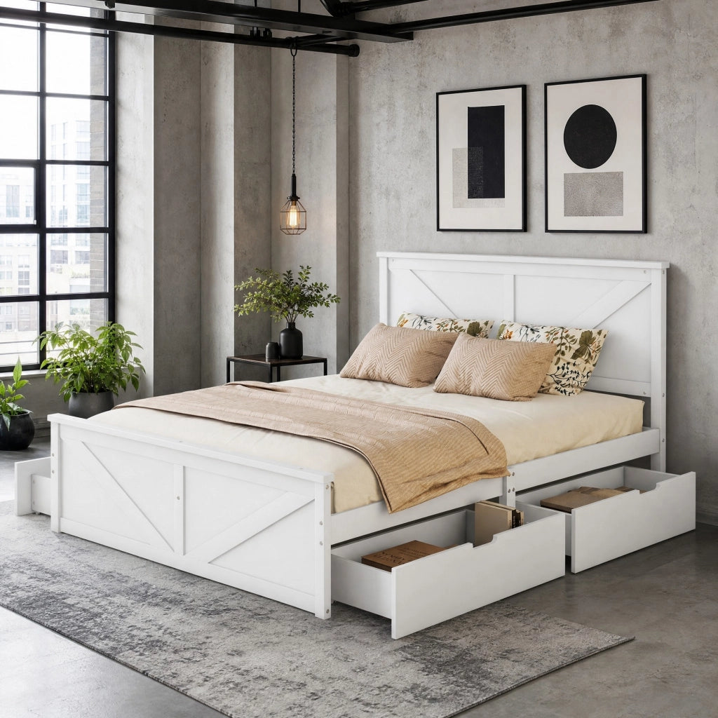 Letto matrimoniale 160x200 cm con 4 cassetti e testiera in pino e MDF bianco